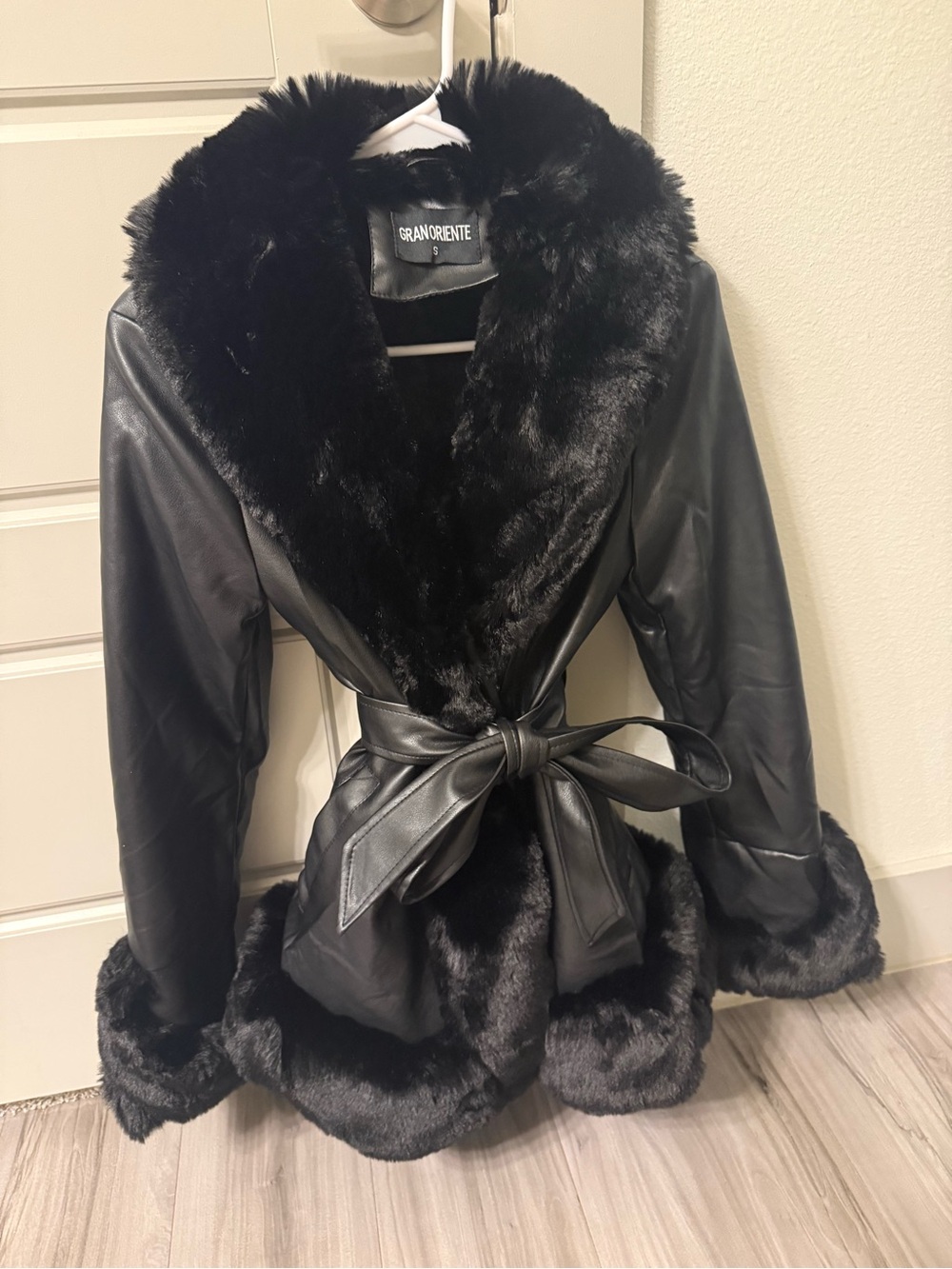 Black Faux-Fur Trim Leather Jacket
